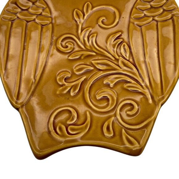 Dutch Wax Ceramic Owl Decorative Plate Handpainted Boho Kitchen Harvest Gold 8" - Picture 4 of 10